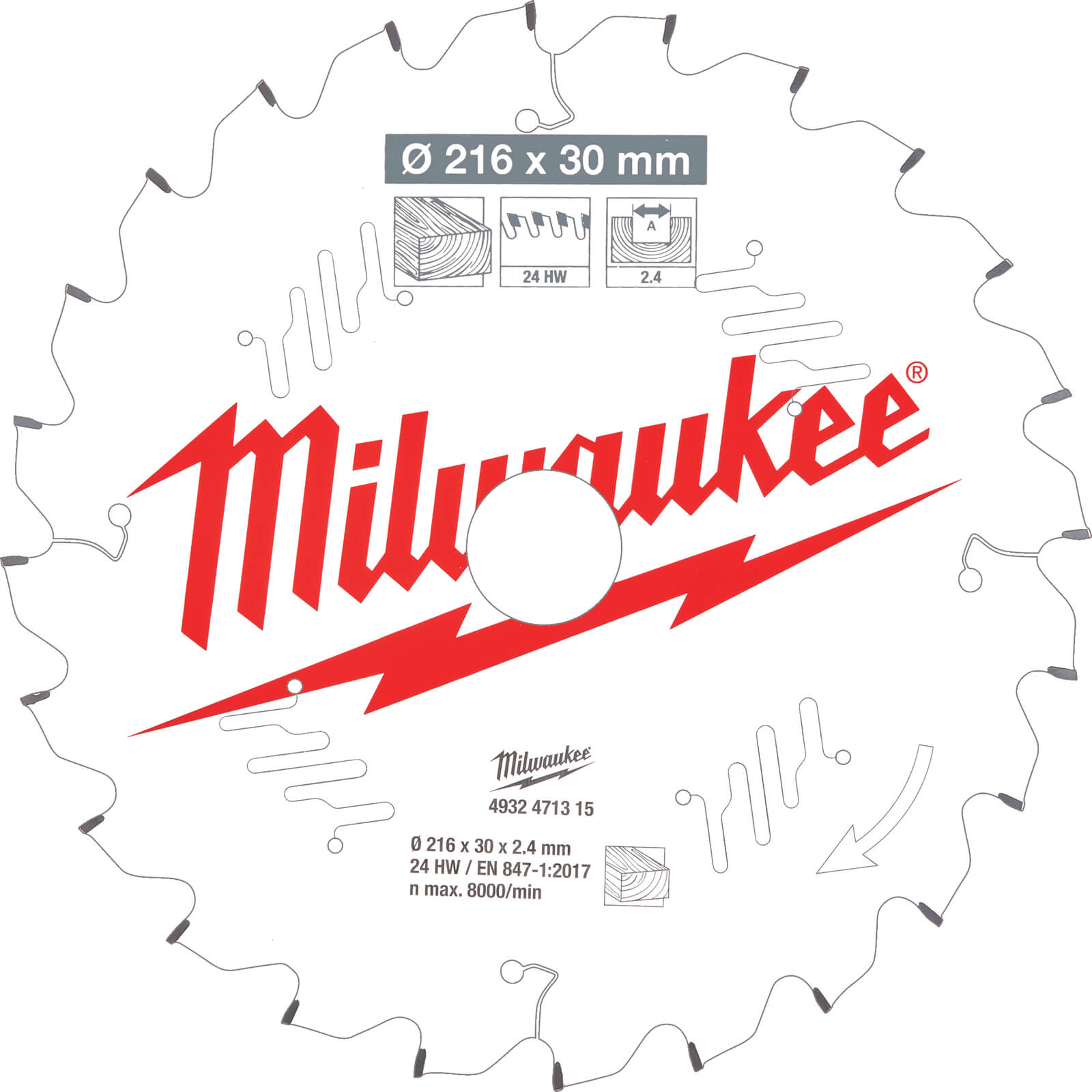 Image of Milwaukee Negative Rake Circular Mitre Saw Blade 216mm 24T 30mm