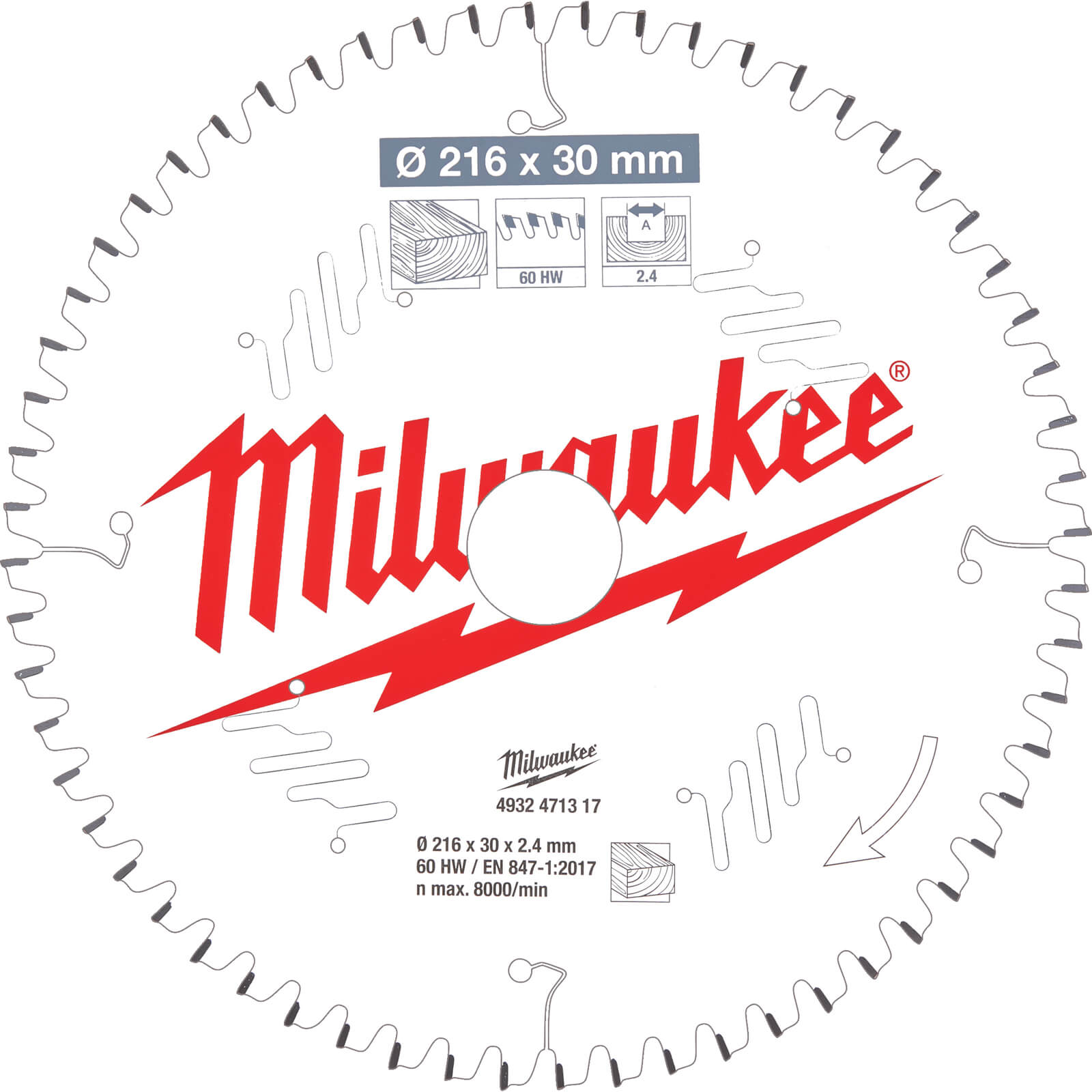Image of Milwaukee Negative Rake Circular Mitre Saw Blade 216mm 60T 30mm