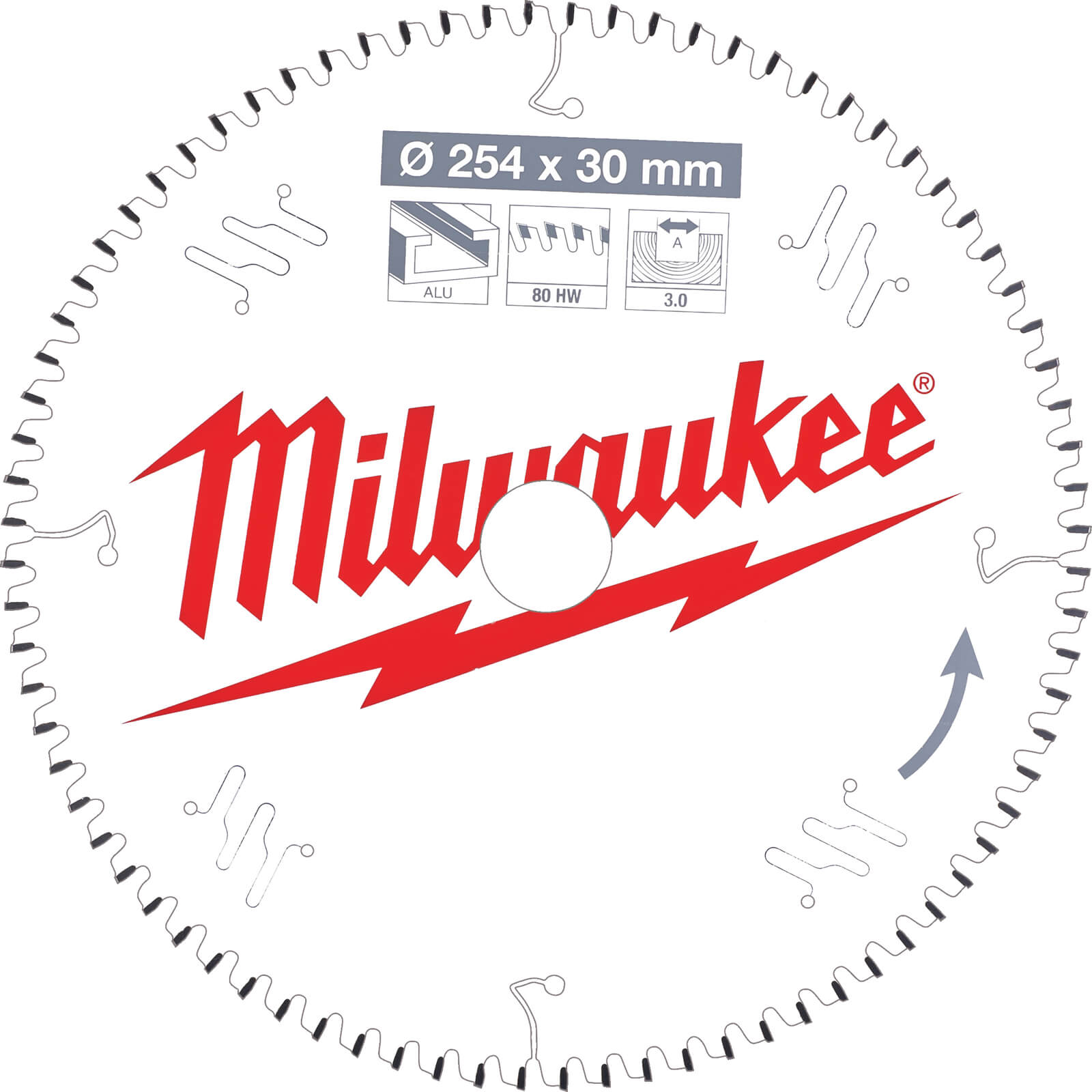 Image of Milwaukee Aluminium Cutting Circular Mitre Saw Blade 254mm 80T 30mm