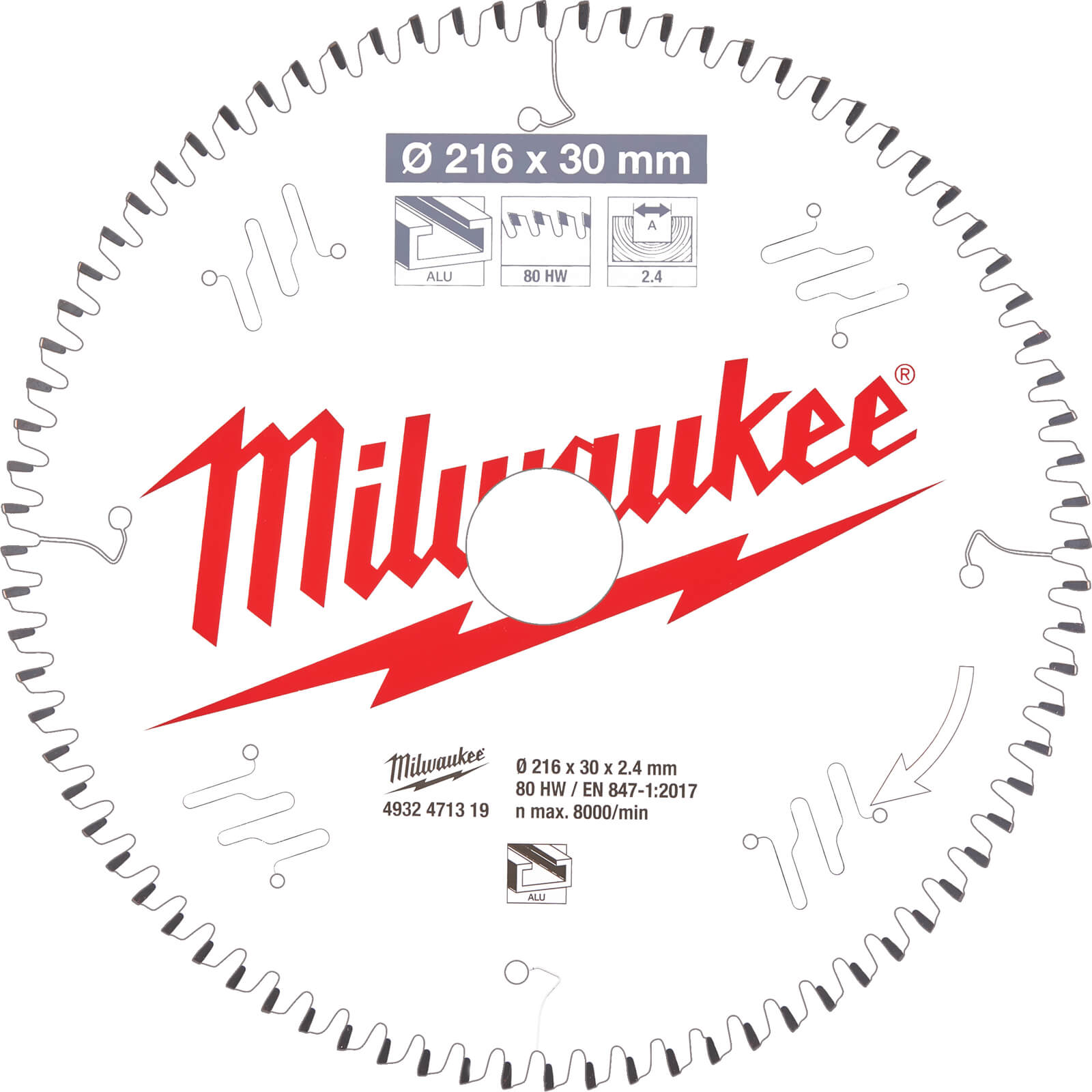Image of Milwaukee Aluminium Cutting Circular Mitre Saw Blade 216mm 80T 30mm