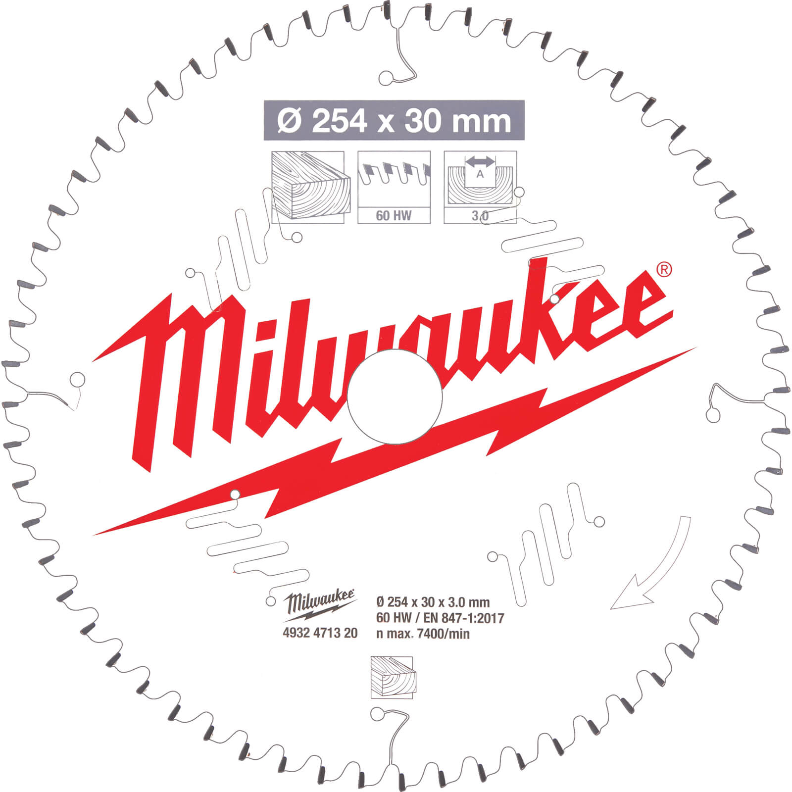 Image of Milwaukee Negative Rake Circular Mitre Saw Blade 254mm 60T 30mm