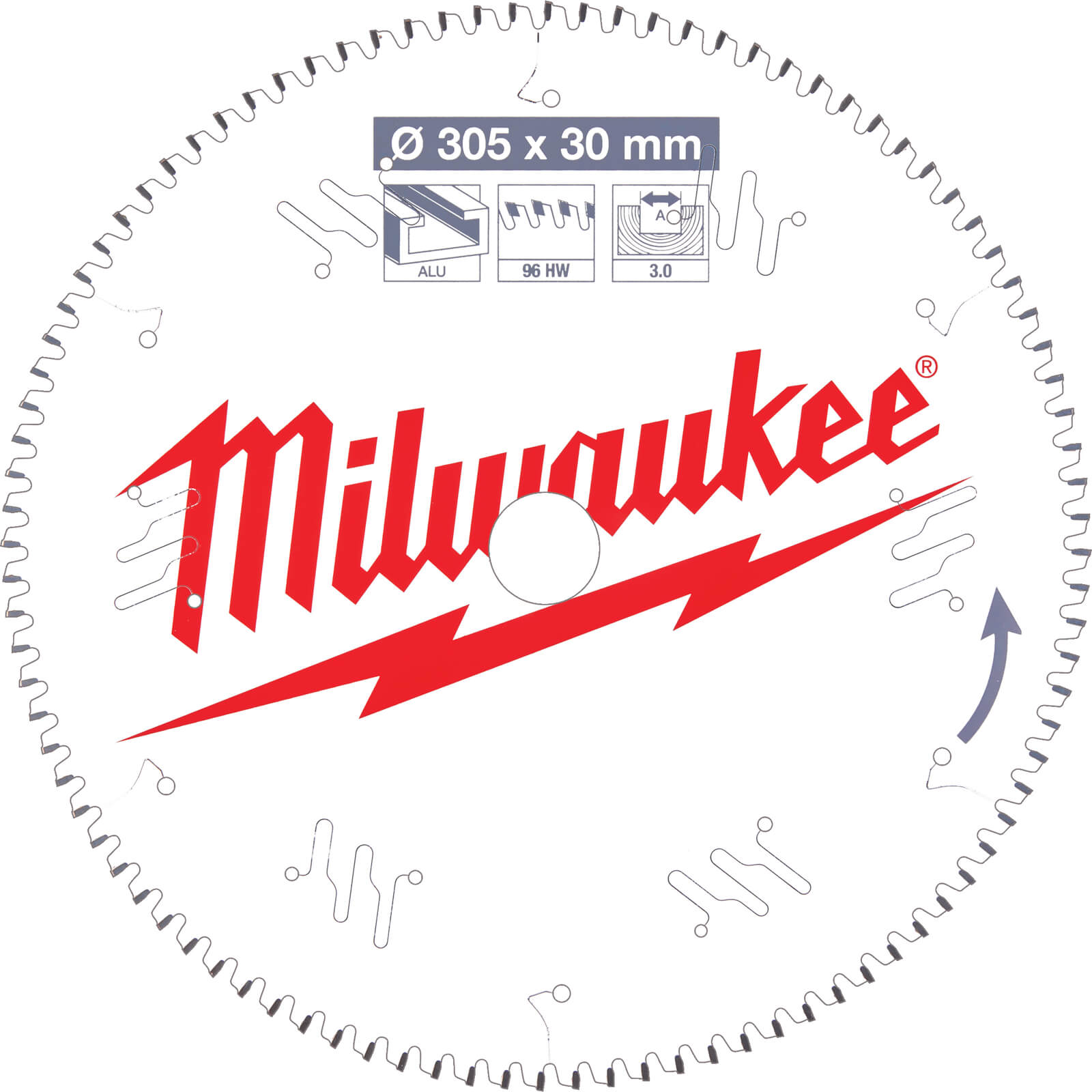 Image of Milwaukee Aluminium Cutting Circular Mitre Saw Blade 305mm 96T 30mm