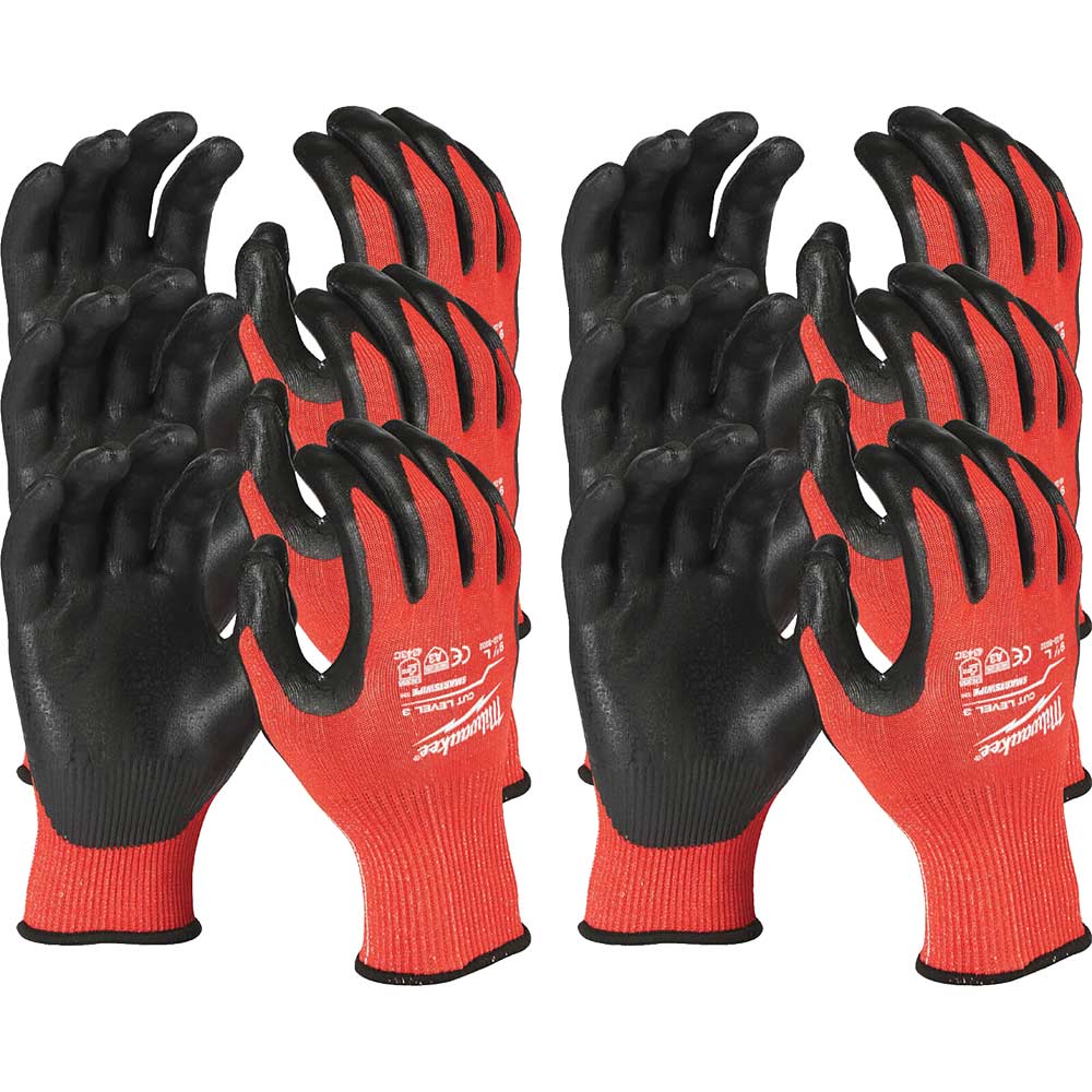 Milwaukee Cut Level 3 Dipped Work Gloves Black / Red XL Pack of 12