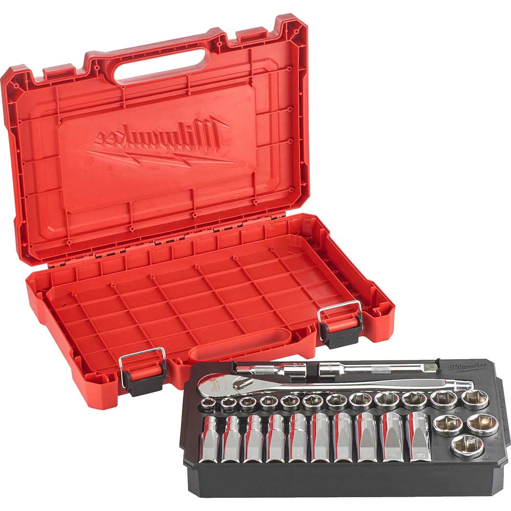 Image of Milwaukee 28 Piece 1/2" Drive Ratchet and Socket Set Metric 1/2"