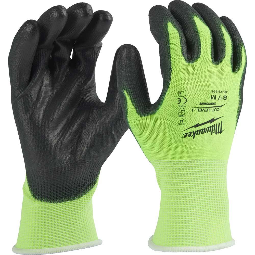 Milwaukee Hi Vis Cut Level 1 Dipped Work Gloves Black / Yellow M Pack of 1