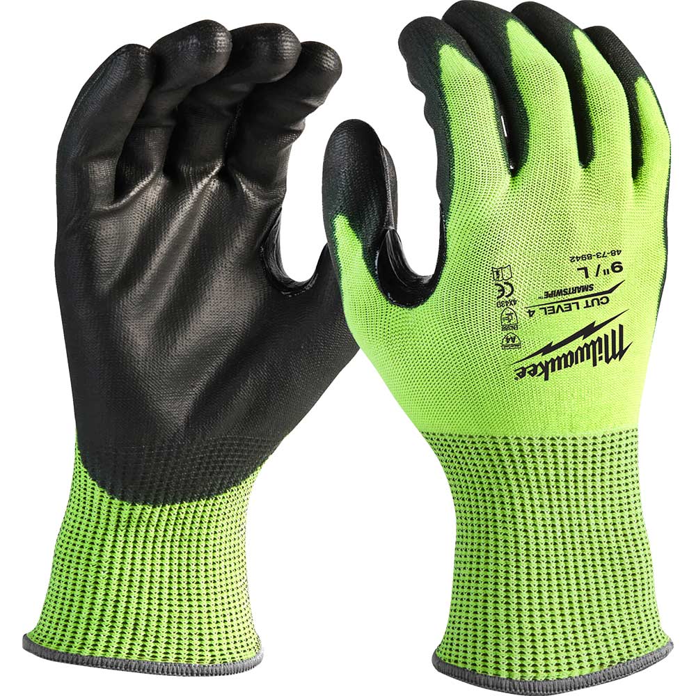 Milwaukee Hi Vis Cut Level 4 Dipped Work Gloves Black / Yellow XL Pack of 1