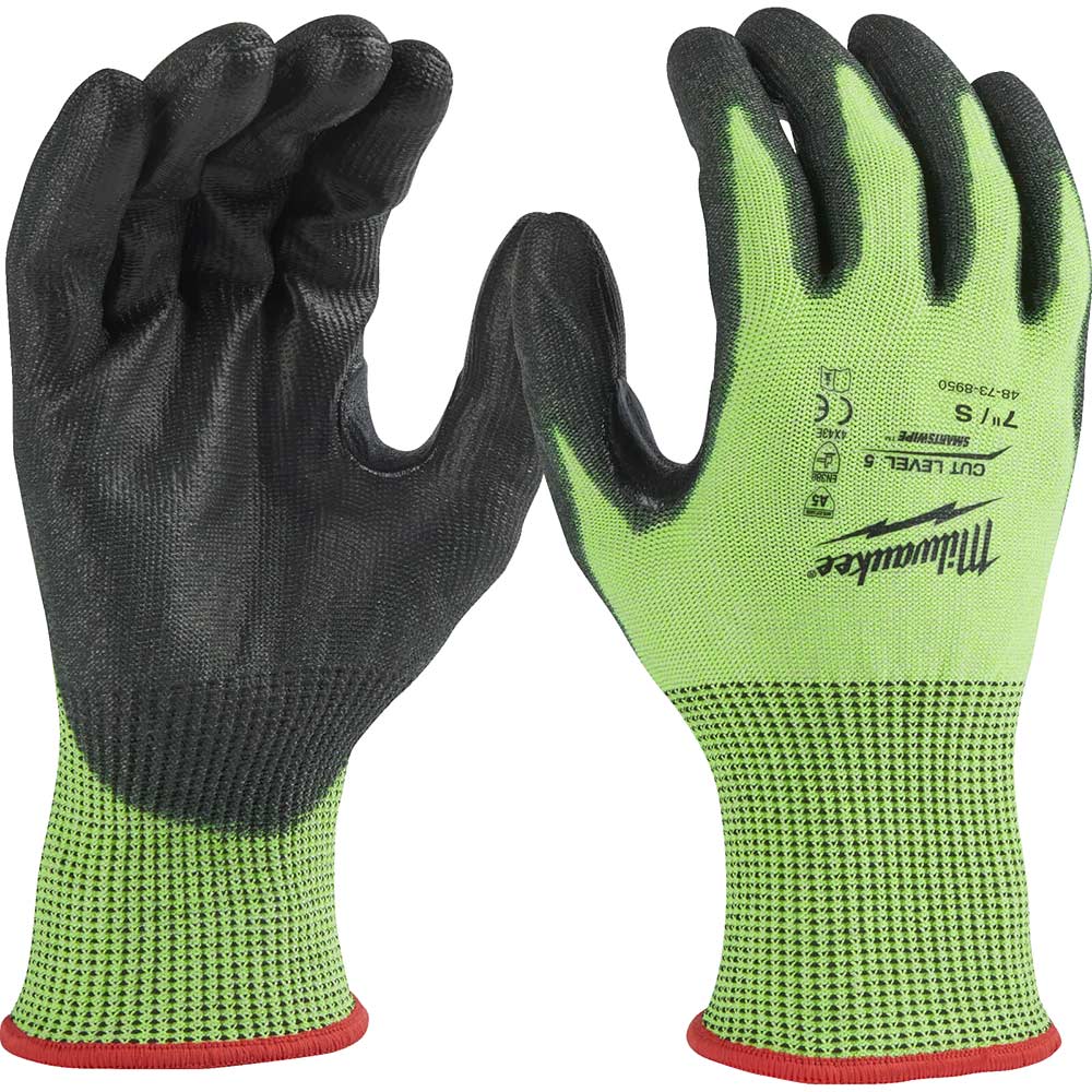 Milwaukee Hi Vis Cut Level 5 Dipped Work Gloves Black / Yellow S Pack of 1