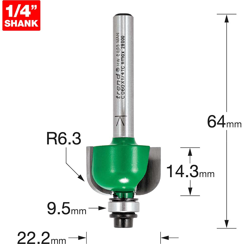 Image of Trend CRAFTPRO Radius Bearing Guided Router Cutter 22.2mm 14.3mm 1/4"