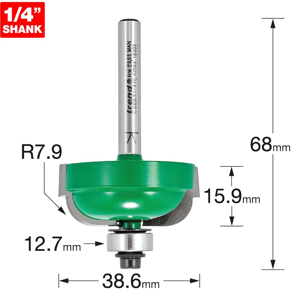 Image of Trend CRAFTPRO Radius Bearing Guided Router Cutter 38.6mm 15.9mm 1/4"