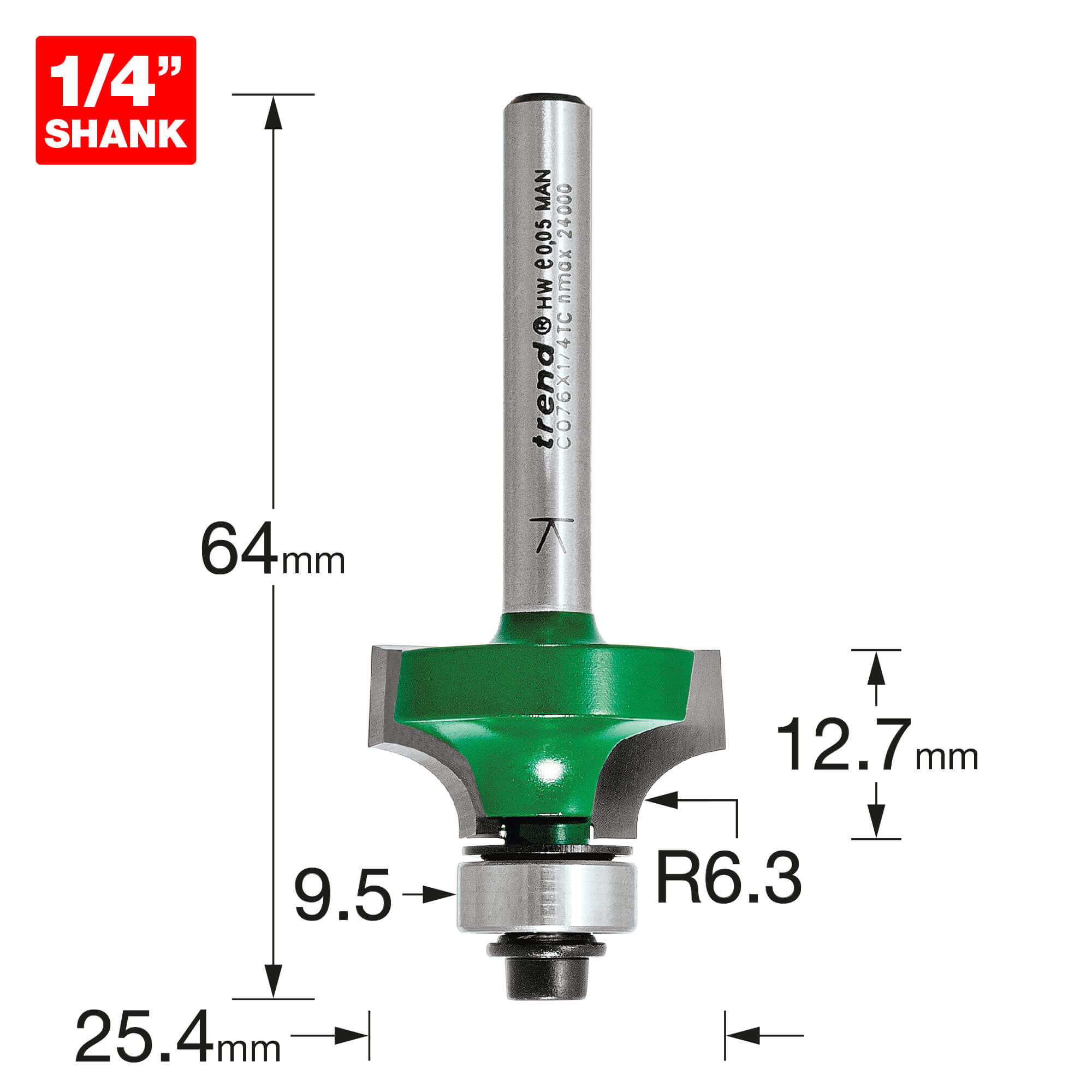 Image of Trend CRAFTPRO Round Over and Ovolo Router Cutter 25.4mm 12.7mm 1/4"
