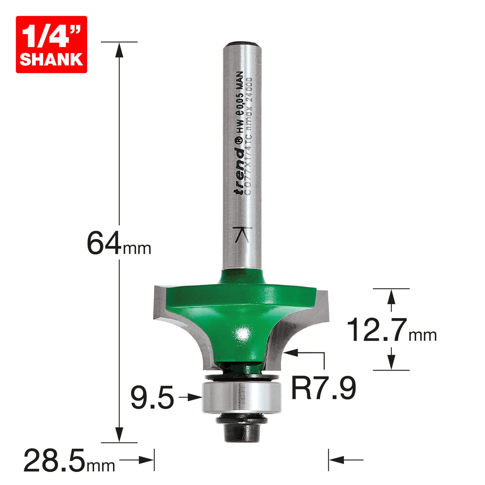 Image of Trend CRAFTPRO Round Over and Ovolo Router Cutter 28.5mm 12.7mm 1/4"