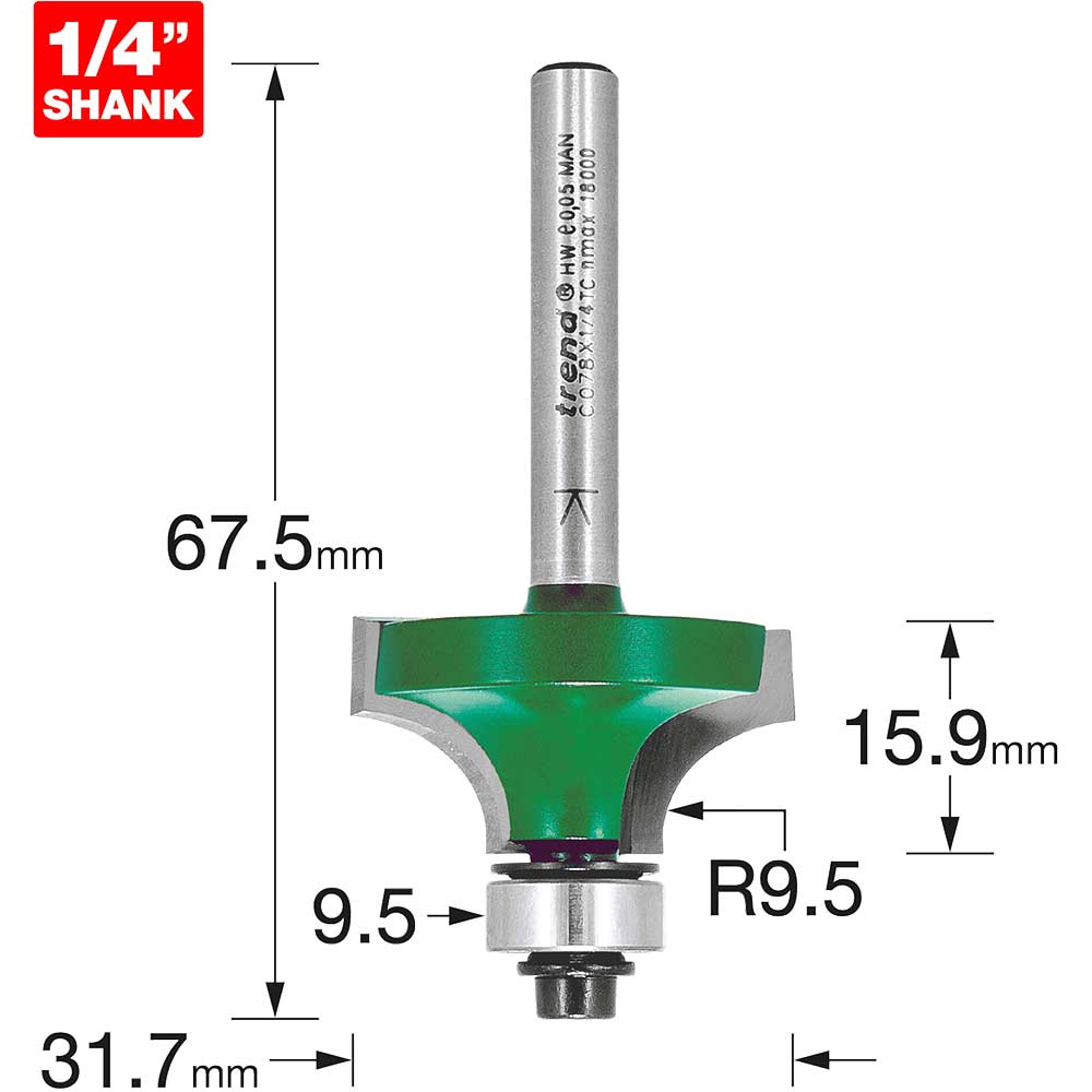 Trend CRAFTPRO Round Over and Ovolo Router Cutter 31.7mm 15.9MM 1/4