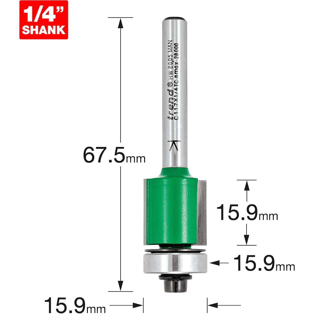 Image of Trend CRAFTPRO Bearing Guided Trimmer Router Cutter 15.9mm 15.9mm 1/4"