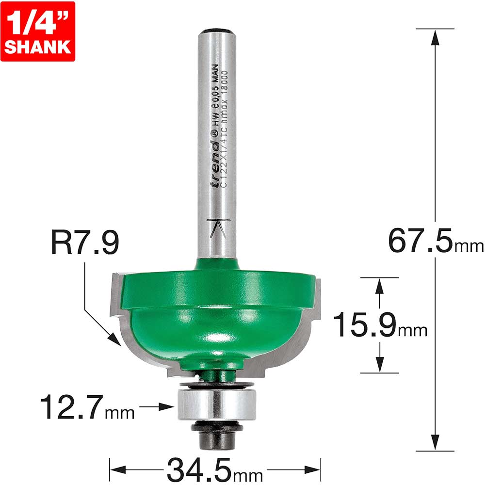 Image of Trend CRAFTPRO Bearing Guided Cavetto Router Cutter 34.5mm 15.9mm 1/4"