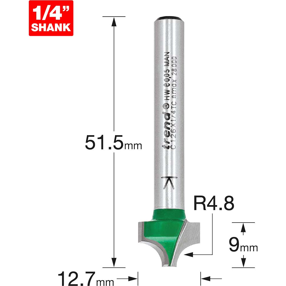 Image of Trend CRAFTPRO Rounding Over Router Cutter 12.7mm 9mm 1/4"