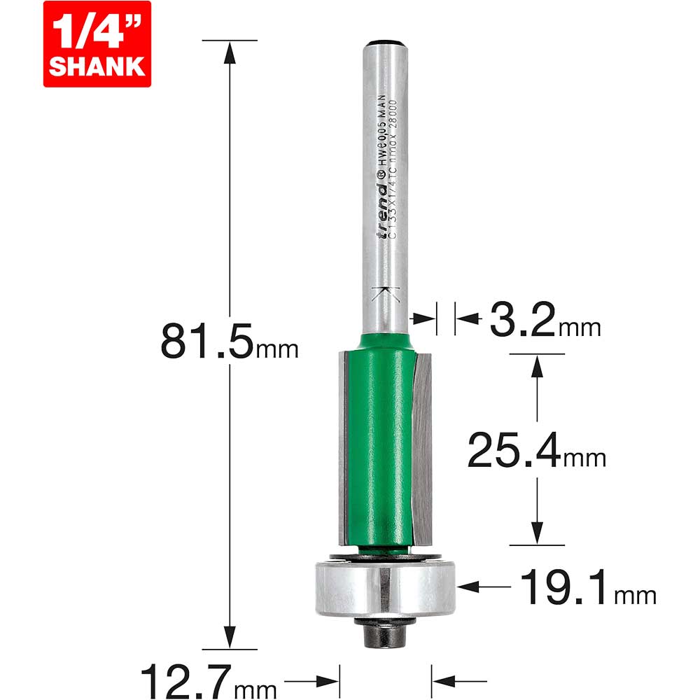 Trend CRAFTPRO Bearing Guided Overlap Trimmer Router Cutter 12.7mm 25.4mm 1/4