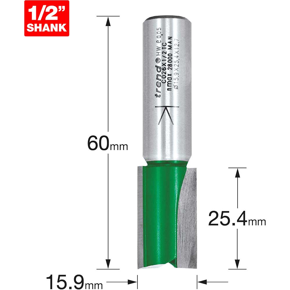 Trend CRAFTPRO Two Flute Straight Router Cutter 15.9mm 25.4mm 1/2