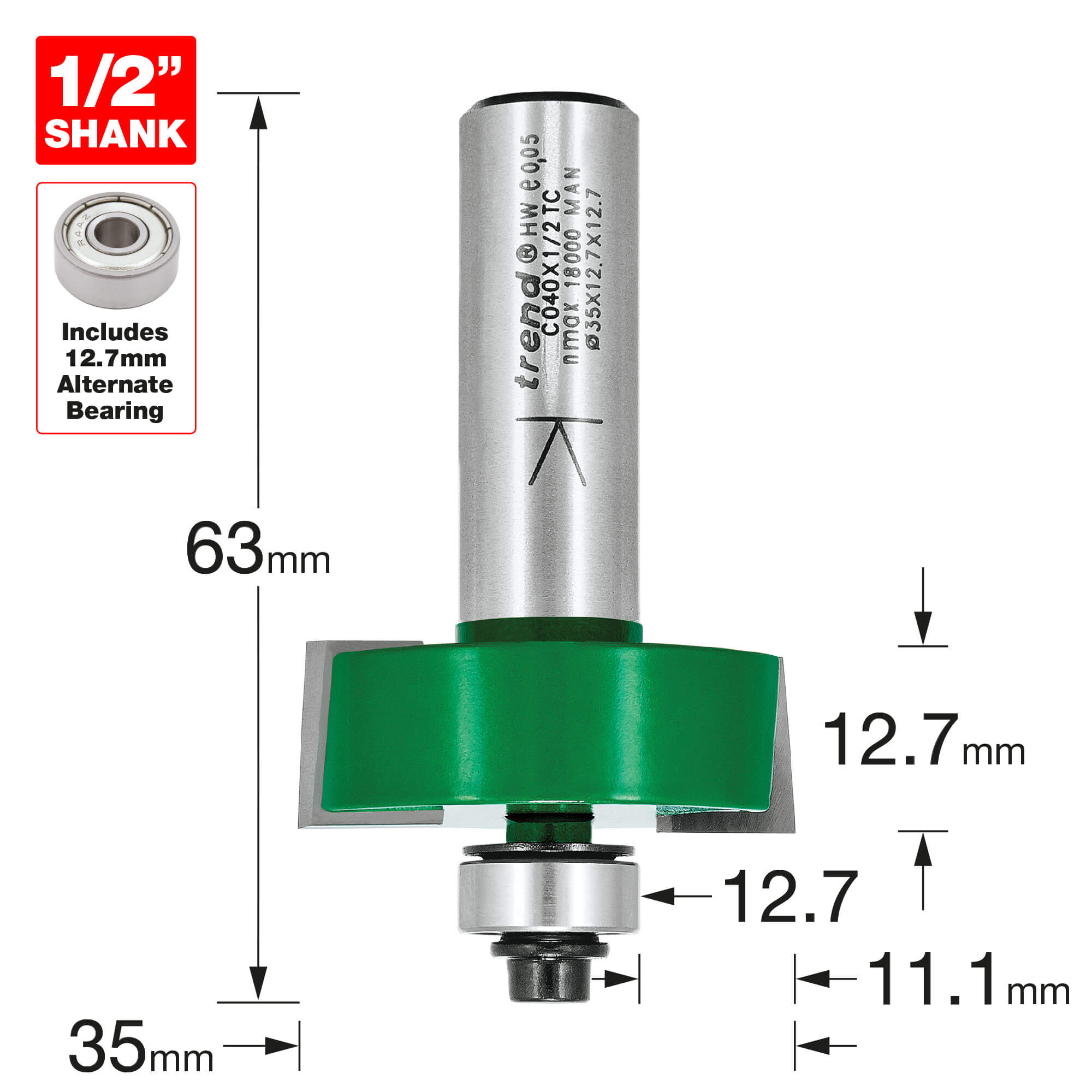 Image of Trend Bearing Self Guided Rebate Router Cutter 35mm 12.7mm 1/2"