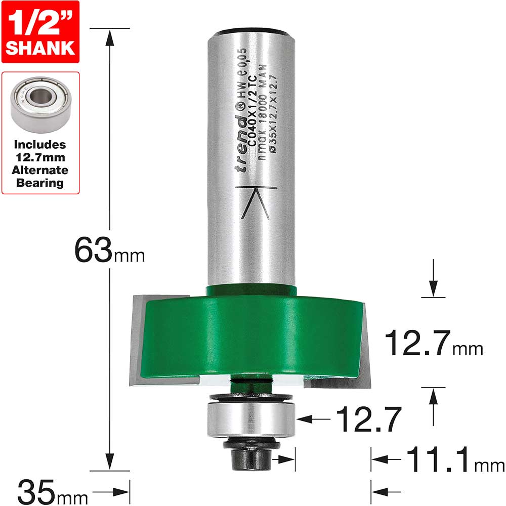 Image of Trend Bearing Self Guided Rebate Router Cutter 35mm 12.7mm 1/2"