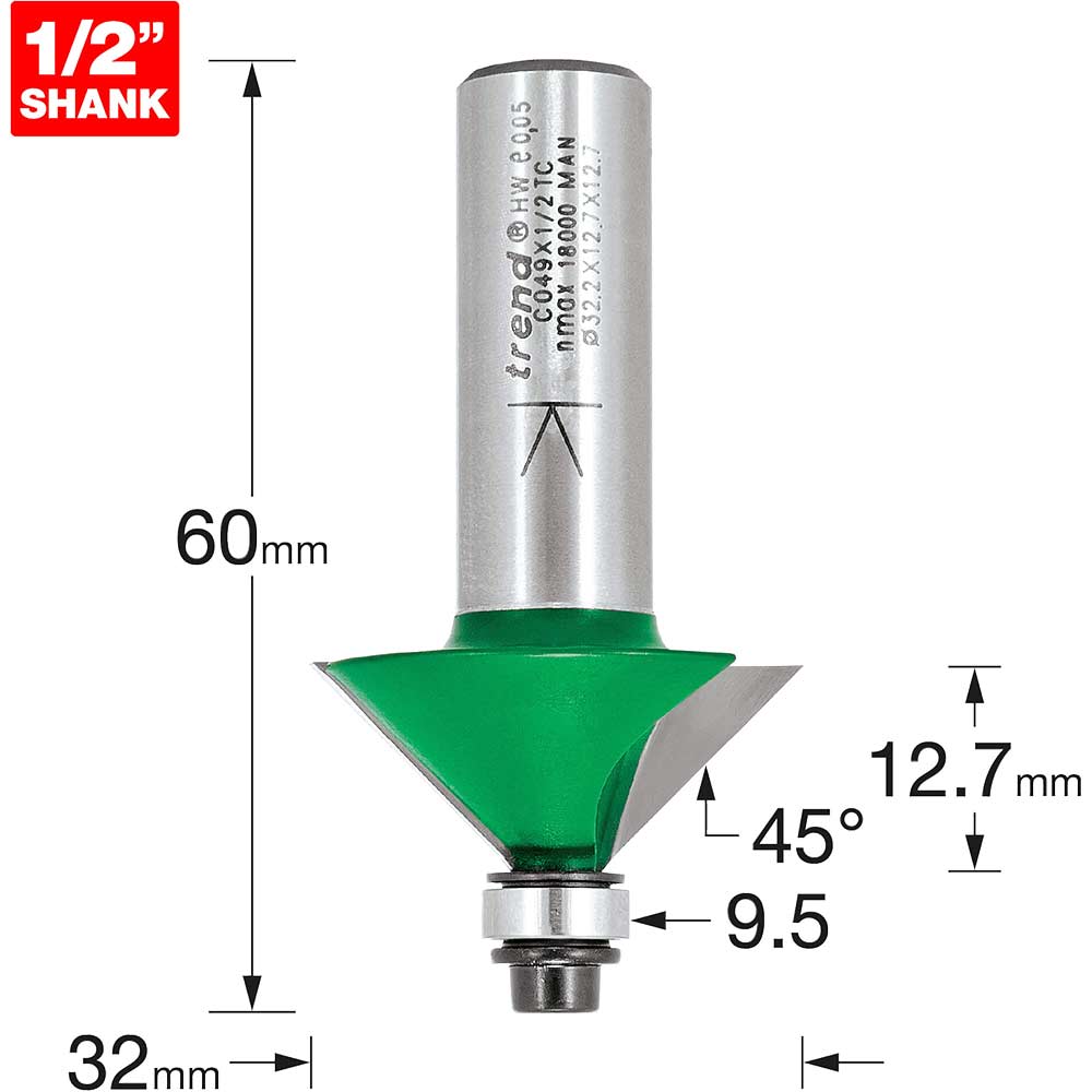 Image of Trend CRAFTPRO Chamfer Bearing Guided Router Cutter 32mm 12.7mm 1/2"