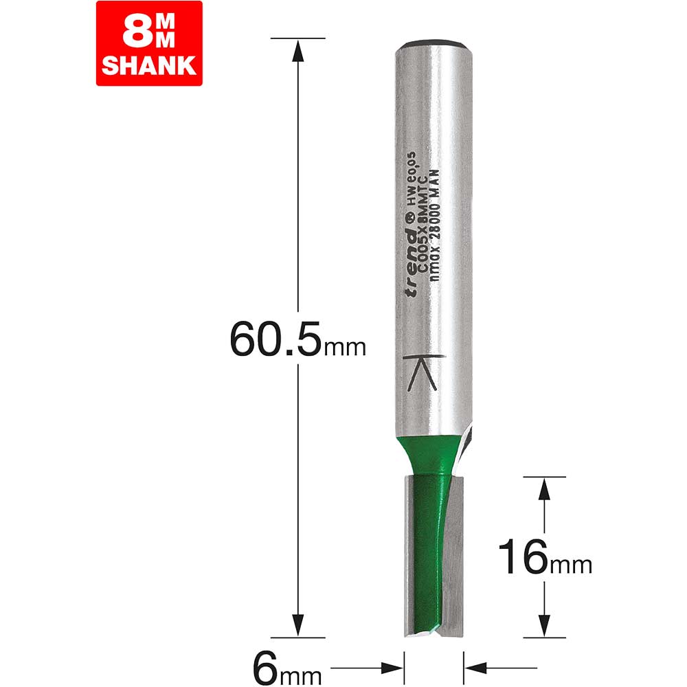 Trend CRAFTPRO Two Flute Straight Router Cutter 6mm 16mm 8mm