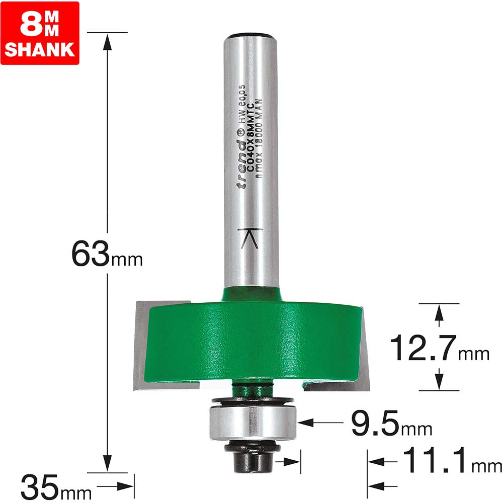 Image of Trend Bearing Self Guided Rebate Router Cutter 35mm 12.7mm 8mm