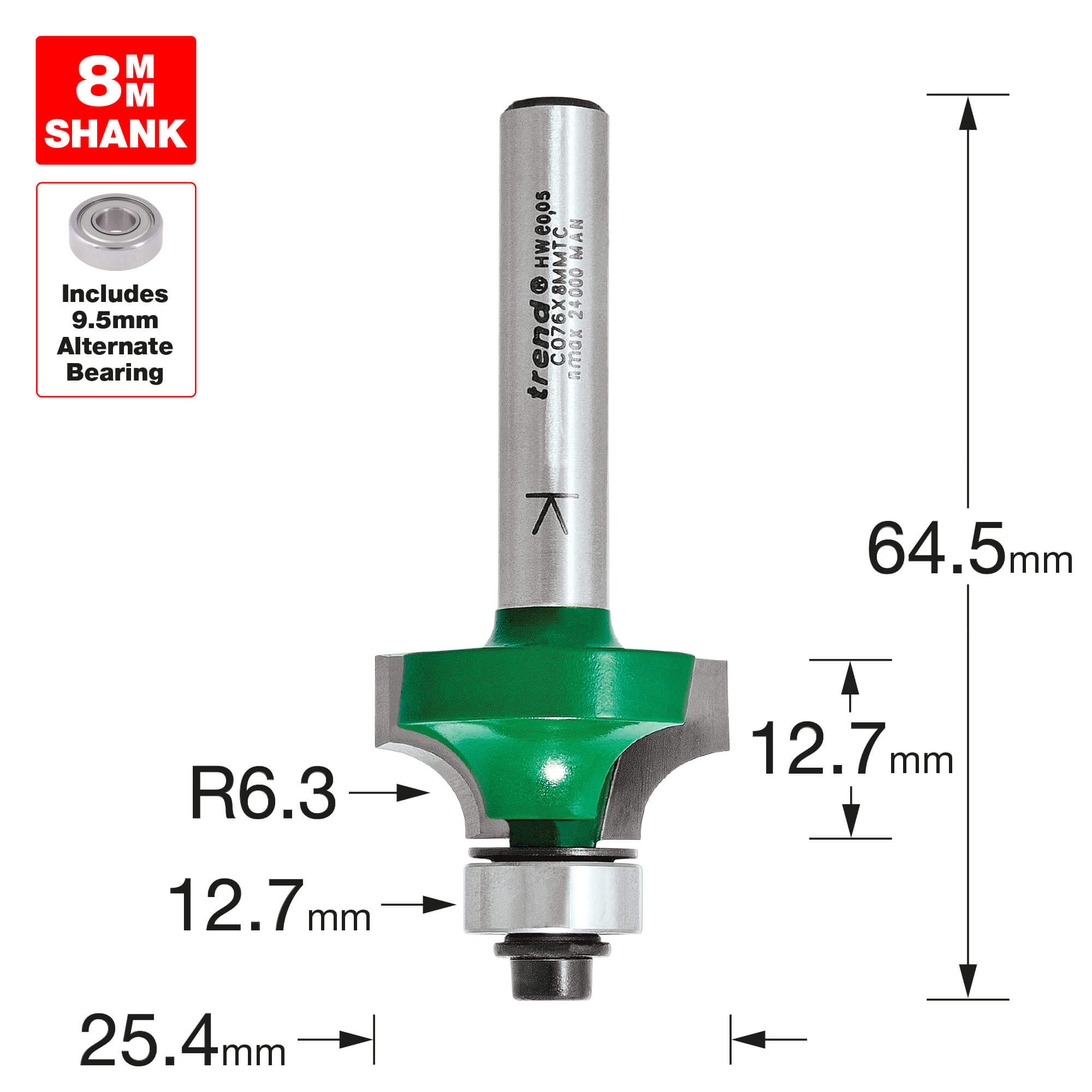 Image of Trend CRAFTPRO Round Over and Ovolo Router Cutter 25.4mm 12.7mm 8mm