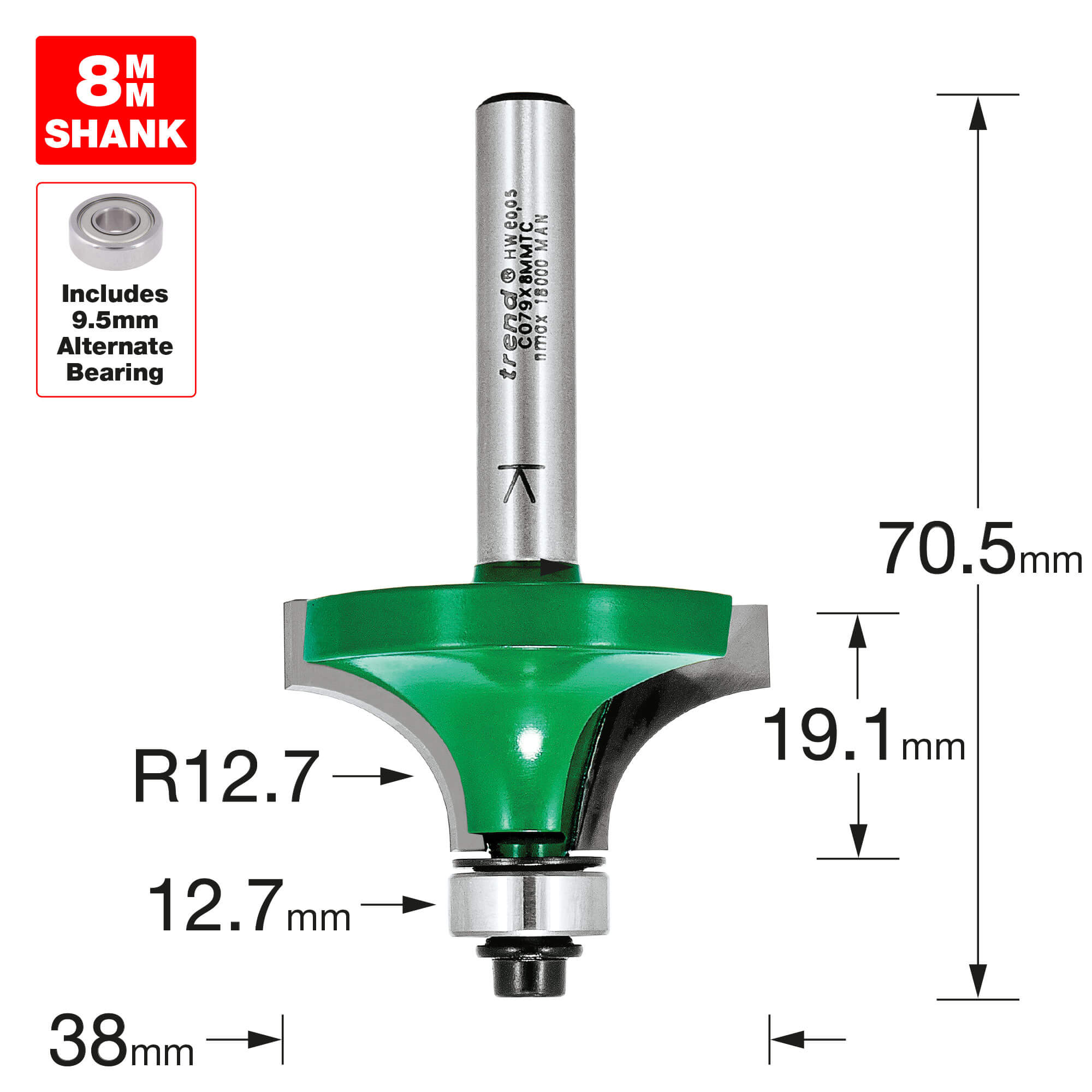 Image of Trend CRAFTPRO Round Over and Ovolo Router Cutter 38mm 19.1mm 8mm