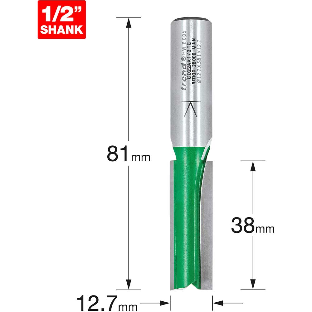 Trend CRAFTPRO Two Flute Straight Router Cutter 12.7mm 38mm 1/2