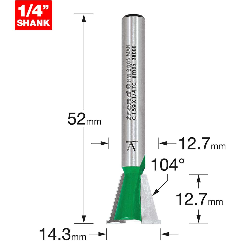 Image of Trend CRAFTPRO Dovetail Jig Router Cutter 14.3mm 12.7mm 1/4"