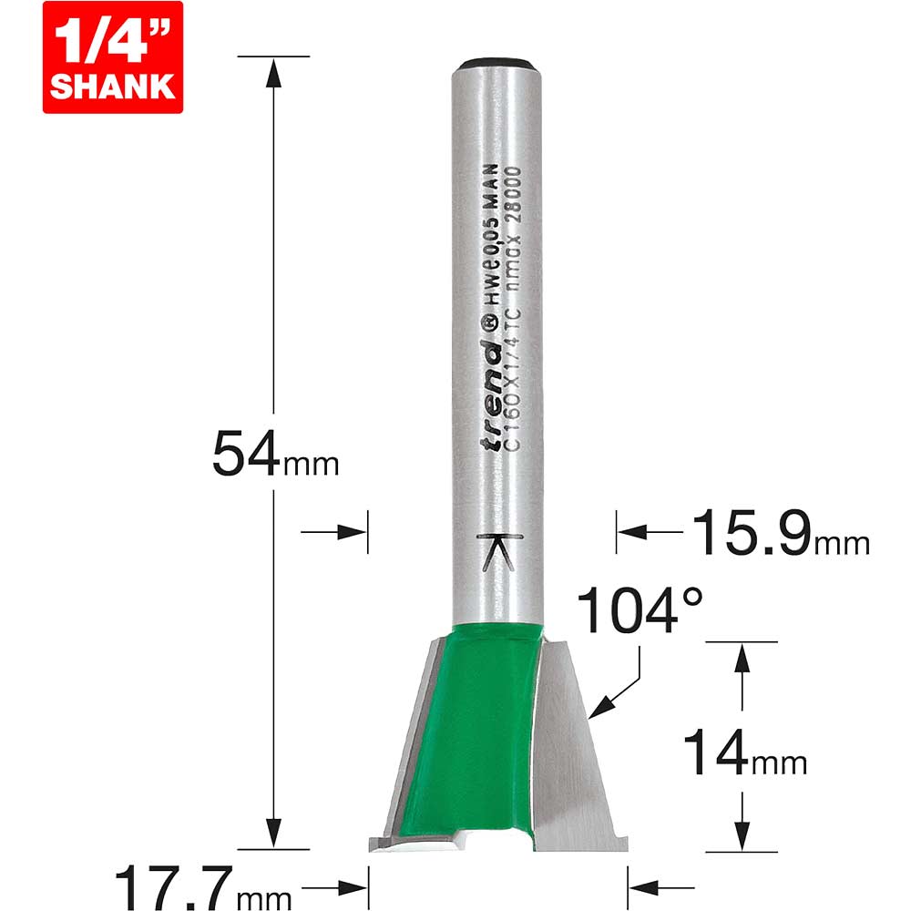Trend CRAFTPRO Dovetail Jig Router Cutter 17.7mm 14mm 1/4