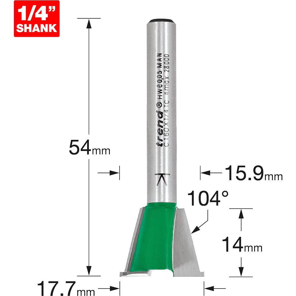 Image of Trend CRAFTPRO Dovetail Jig Router Cutter 17.7mm 14mm 1/4"