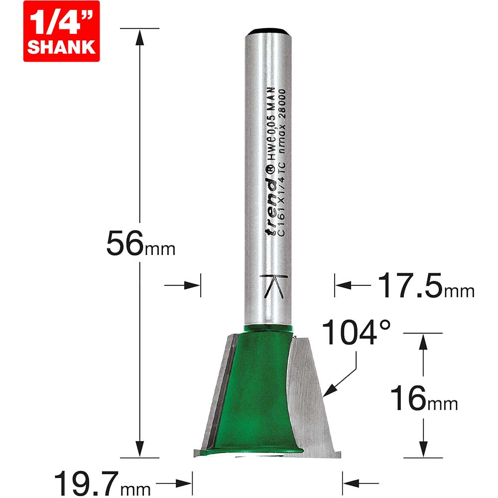 Trend CRAFTPRO Dovetail Jig Router Cutter 19.7mm 16mm 1/4