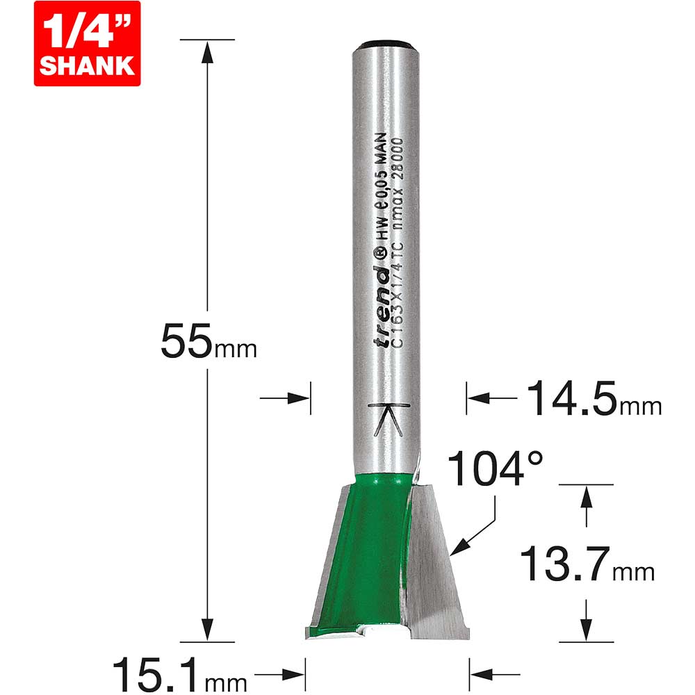 Trend CRAFTPRO Dovetail Jig Router Cutter 15.1mm 13.7mm 1/4