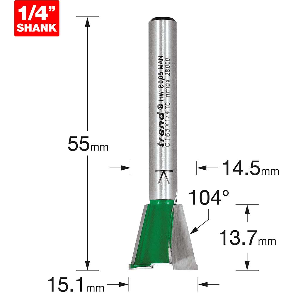 Image of Trend CRAFTPRO Dovetail Jig Router Cutter 15.1mm 13.7mm 1/4"