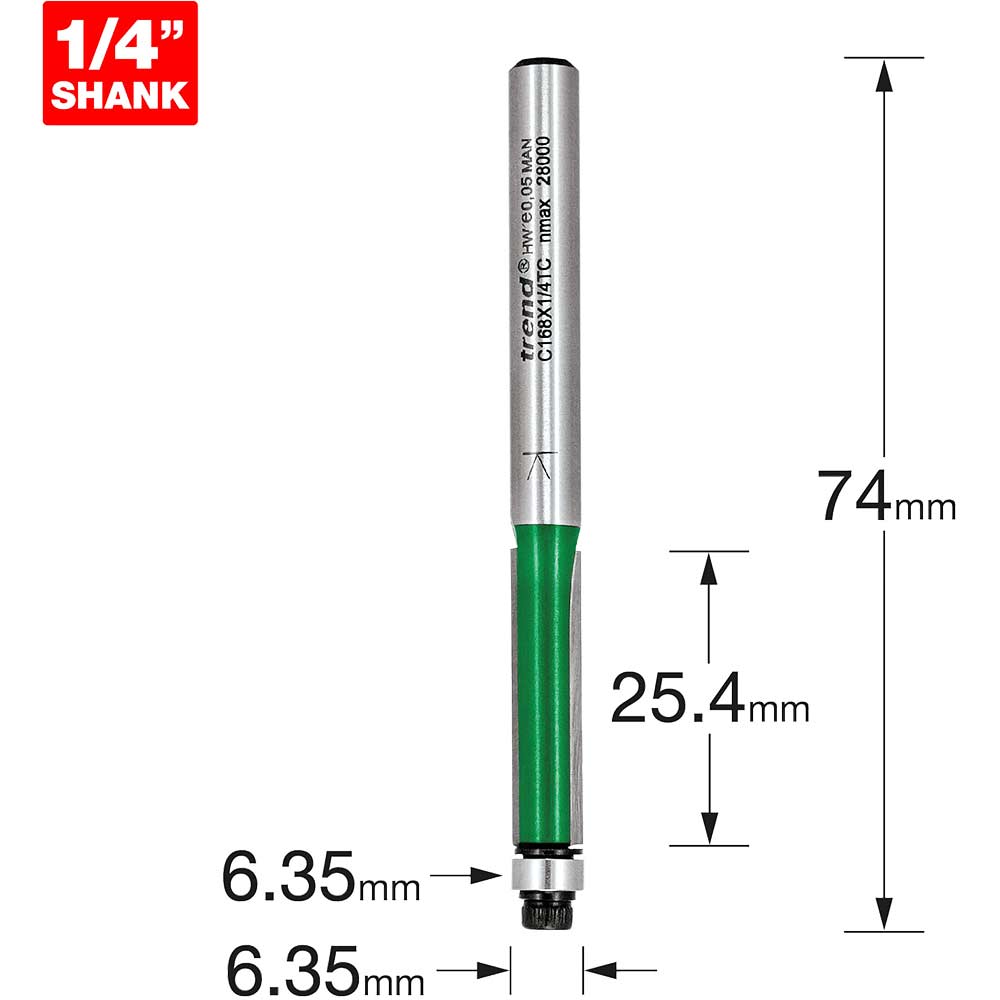 Image of Trend CRAFTPRO Bearing Guided Trimmer Router Cutter 6.35mm 25.4mm 1/4"