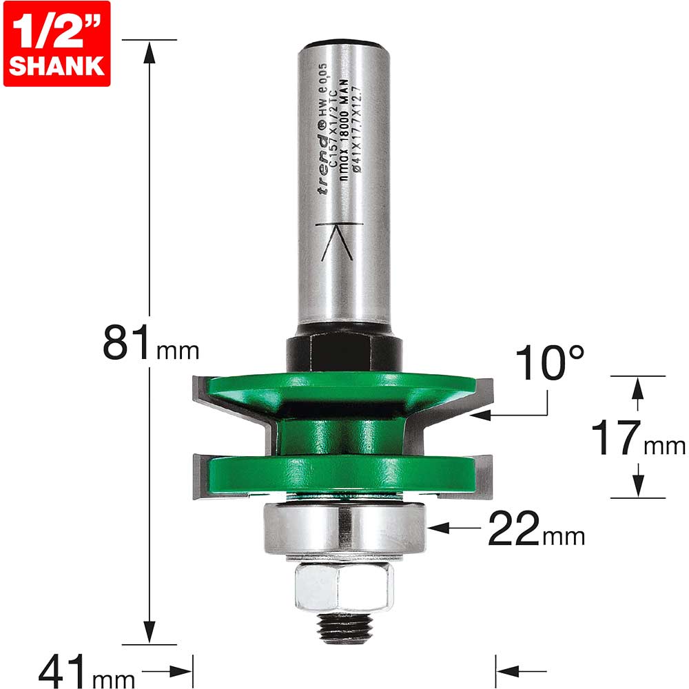 Trend CRAFTPRO Bearing Guided Combination Raised Bevel Router Cutter 41mm 17mm 1/2