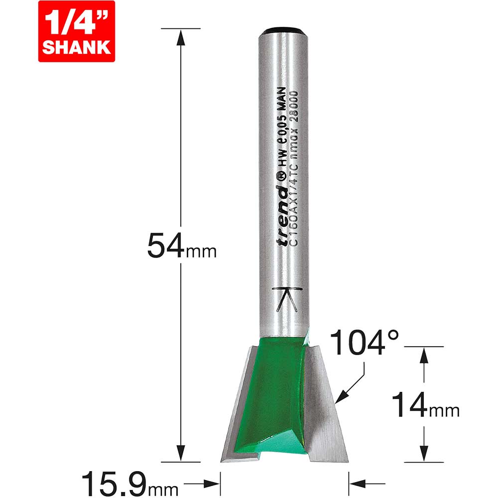 Trend CRAFTPRO Dovetail Jig Router Cutter 15.9mm 14mm 1/4