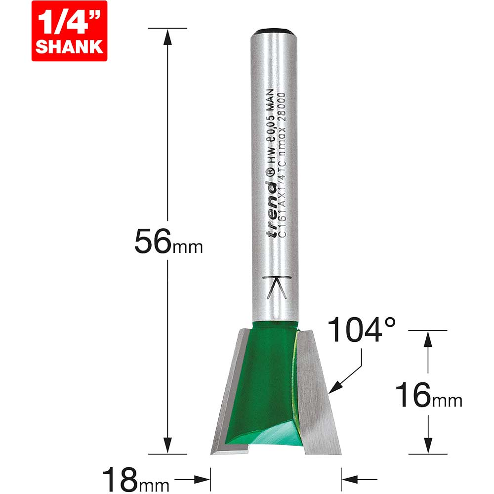 Image of Trend CRAFTPRO Dovetail Jig Router Cutter 18mm 16mm 1/4"