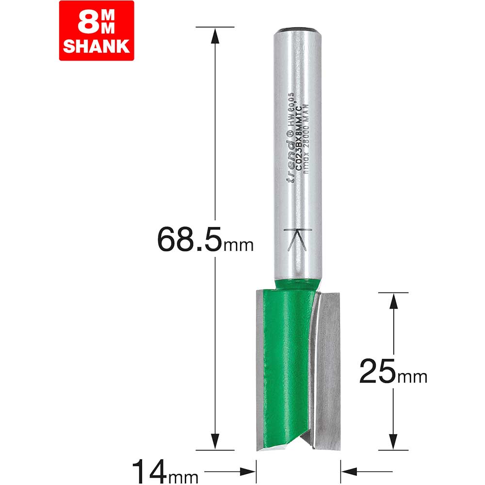 Trend CRAFTPRO Two Flute Straight Router Cutter 14mm 25mm 8mm