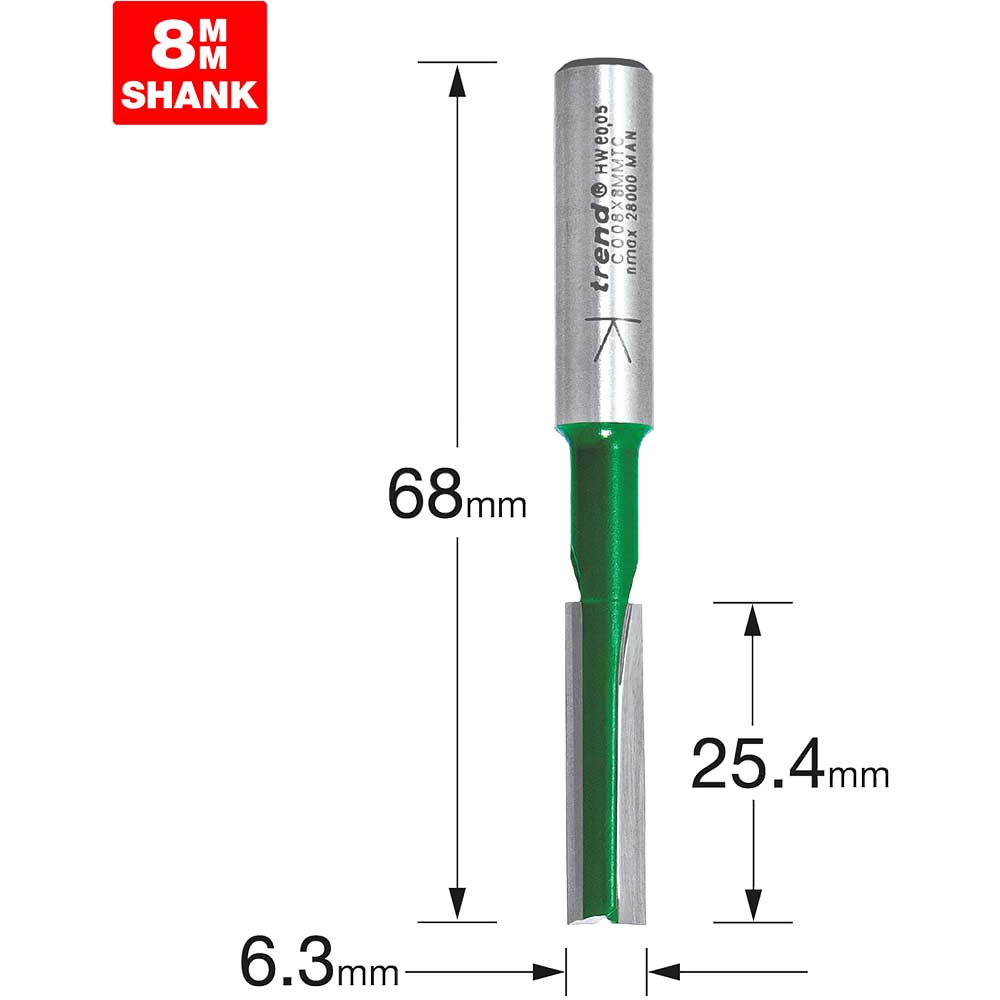 Trend CRAFTPRO Two Flute Straight Router Cutter 6.3mm 25.4mm 8mm