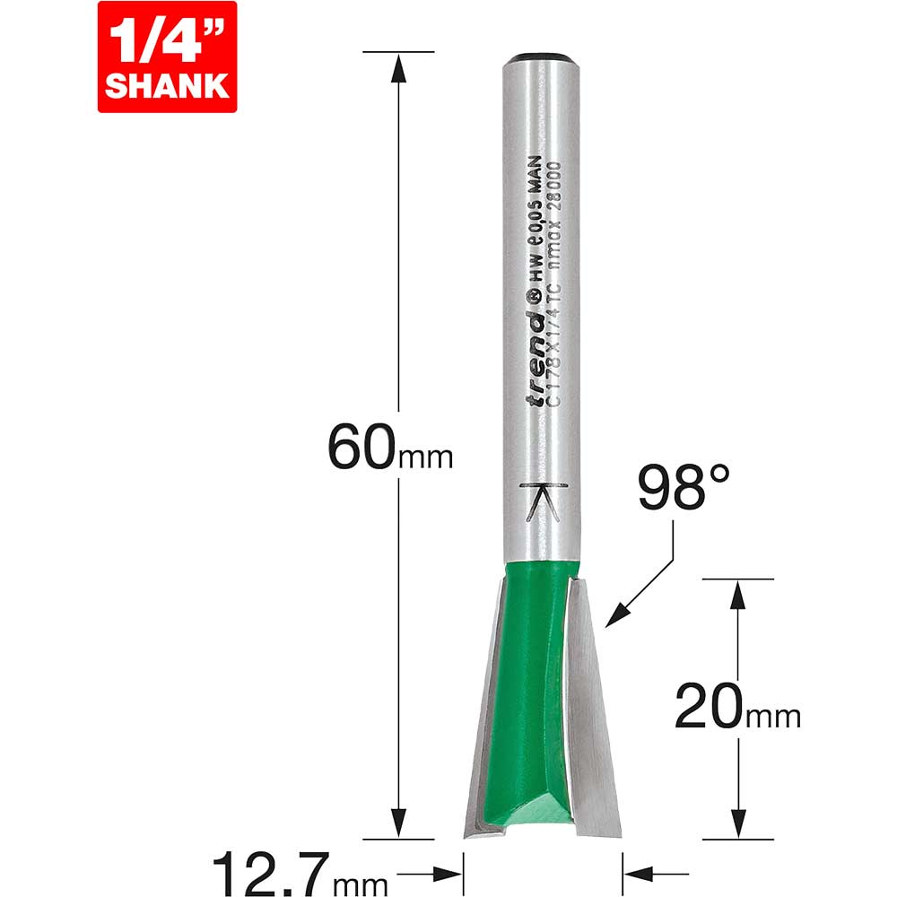 Image of Trend CRAFTPRO Large Dovetail Router Cutter 12.7mm 20mm 1/4"