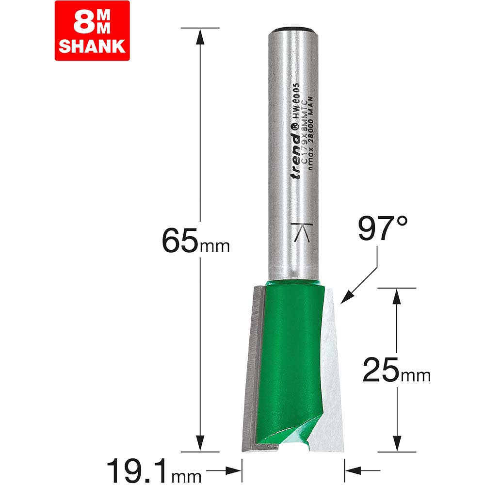 Trend CRAFTPRO Large Dovetail Router Cutter 19mm 25mm 8mm