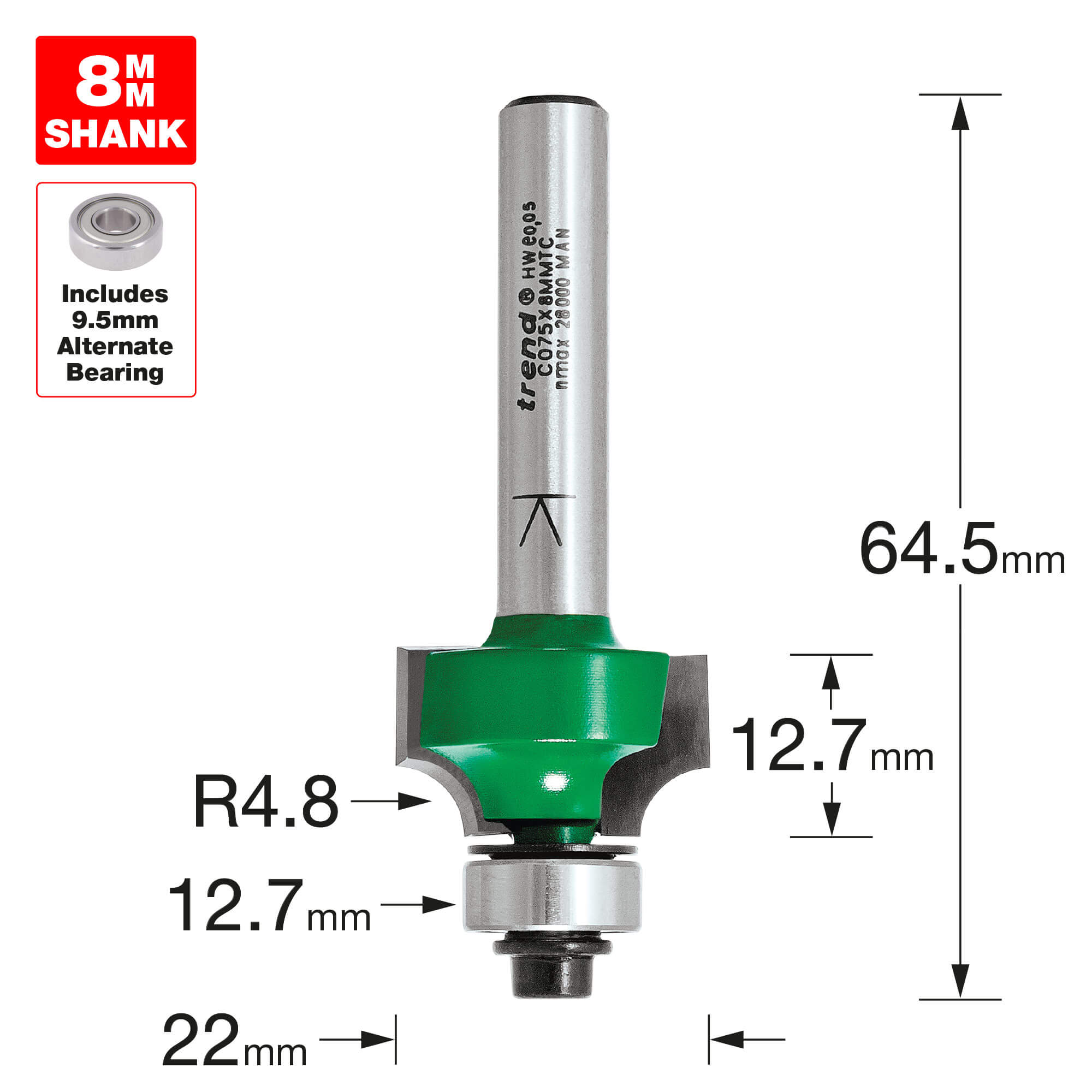 Image of Trend CRAFTPRO Round Over and Ovolo Router Cutter 22mm 12.7mm 8mm