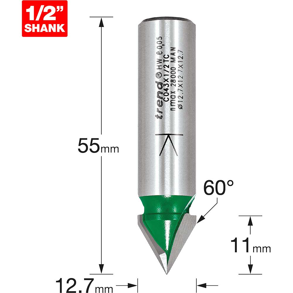 Image of Trend CRAFTPRO Chamfer V Grovve Router Cutter 12.7mm 11mm 1/2"