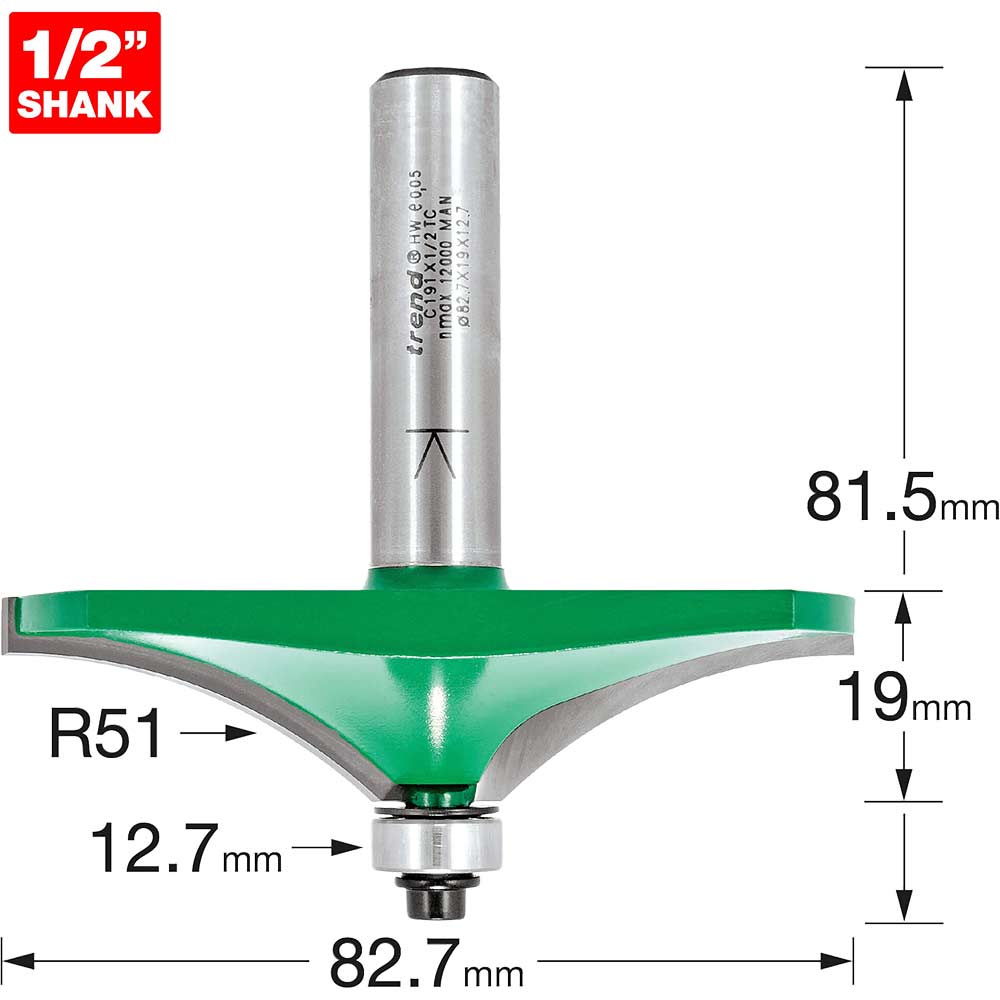 Image of Trend CRAFTPRO Handrail Bearig Guided Router Cutter 82.7mm 19mm 1/2"