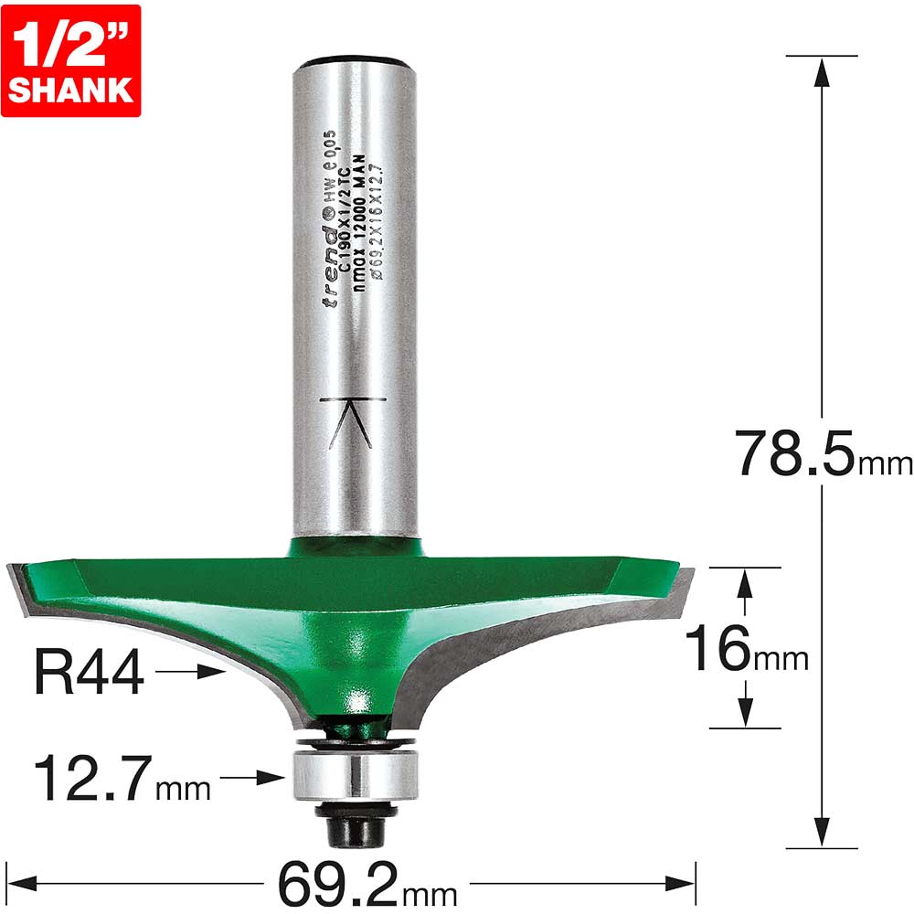 Image of Trend CRAFTPRO Handrail Bearig Guided Router Cutter 69.2mm 16mm 1/2"