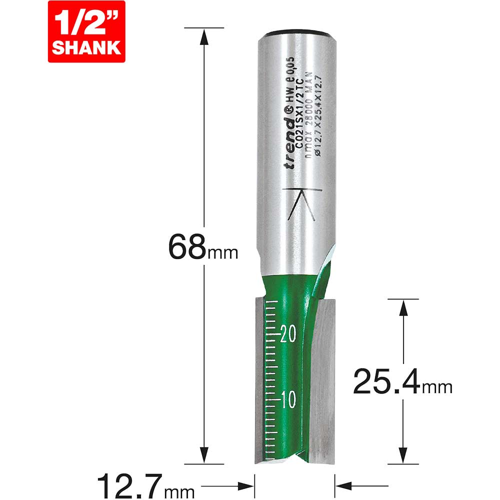 Trend CRAFTPRO Two Flute Straight Router Cutter 12.7mm 25.4mm 1/2