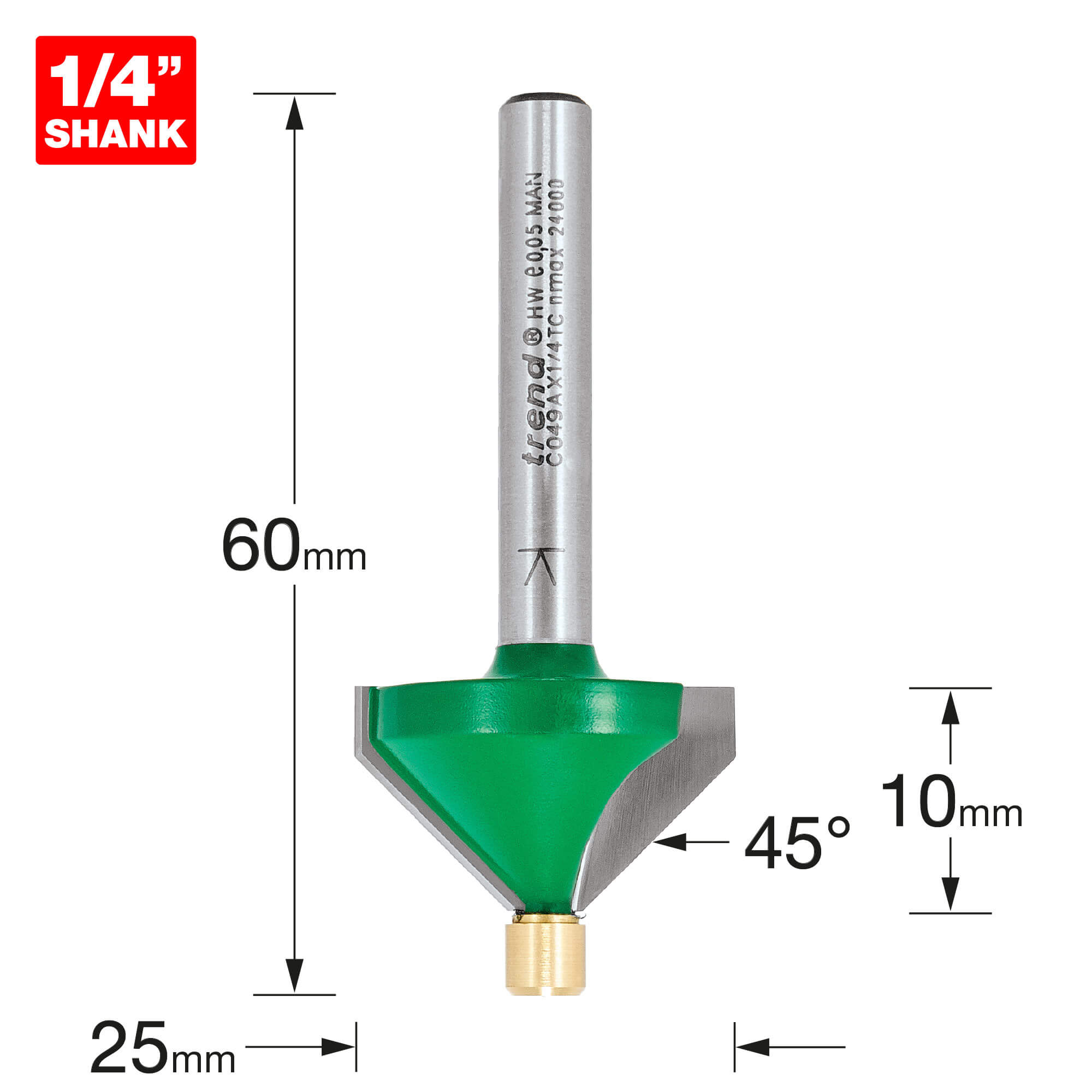 Image of Trend CRAFTPRO Pin Guided Chamfer Bevel Router Cutter 45 Degrees 10mm 1/4"