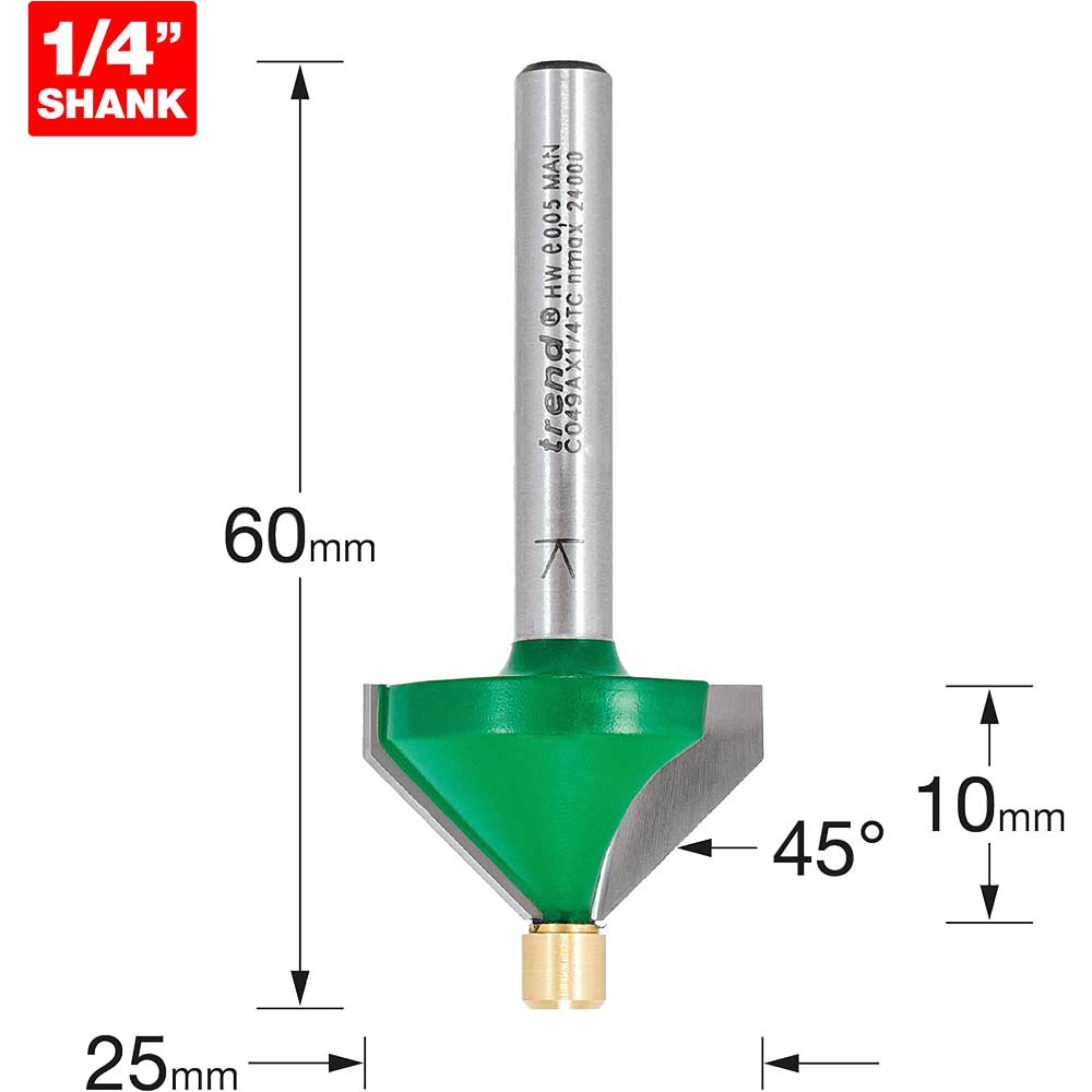 Image of Trend CRAFTPRO Pin Guided Chamfer Bevel Router Cutter 45 Degrees 10mm 1/4"